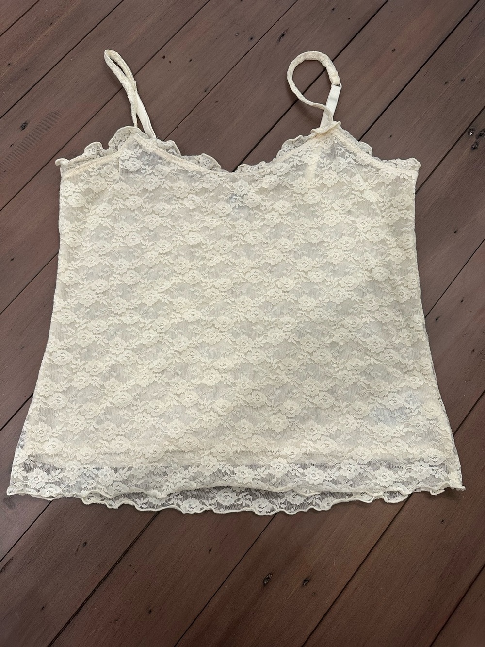 OLD NAVY 90s Ivory Lace Crop Tank Top Womens M Ruffle Trim Cami Spaghetti Strap